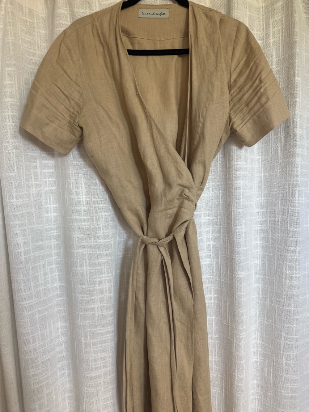 Lightweight Tan Linen Wrap Midi Dress with Tie Waist